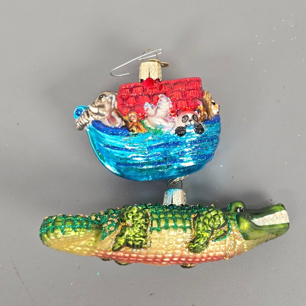 Old World Christmas Glass Ornaments Noahs Ark and Alligator Set of 2 Glitter